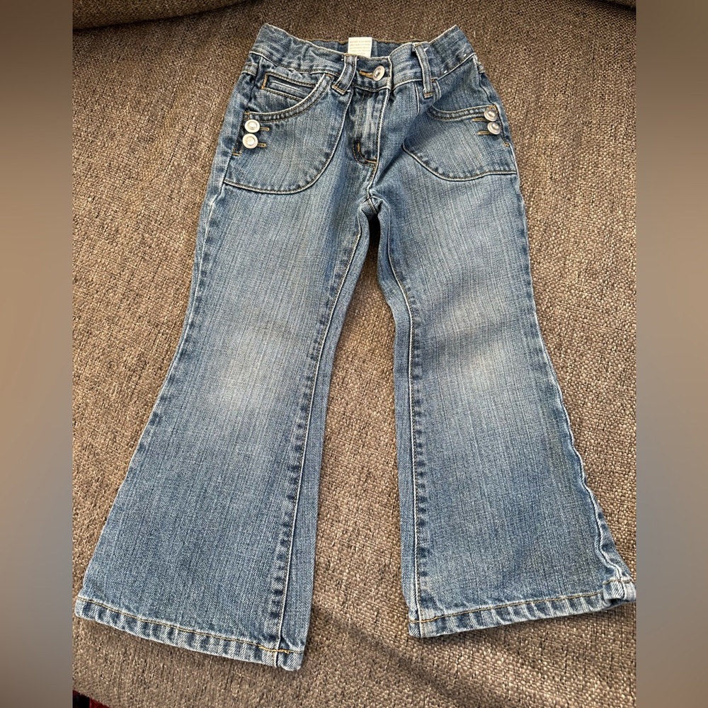 Gymboree Girls Flare Leg Blue Denim Jeans Bling Button Adjustable Waist Size 4 ✨